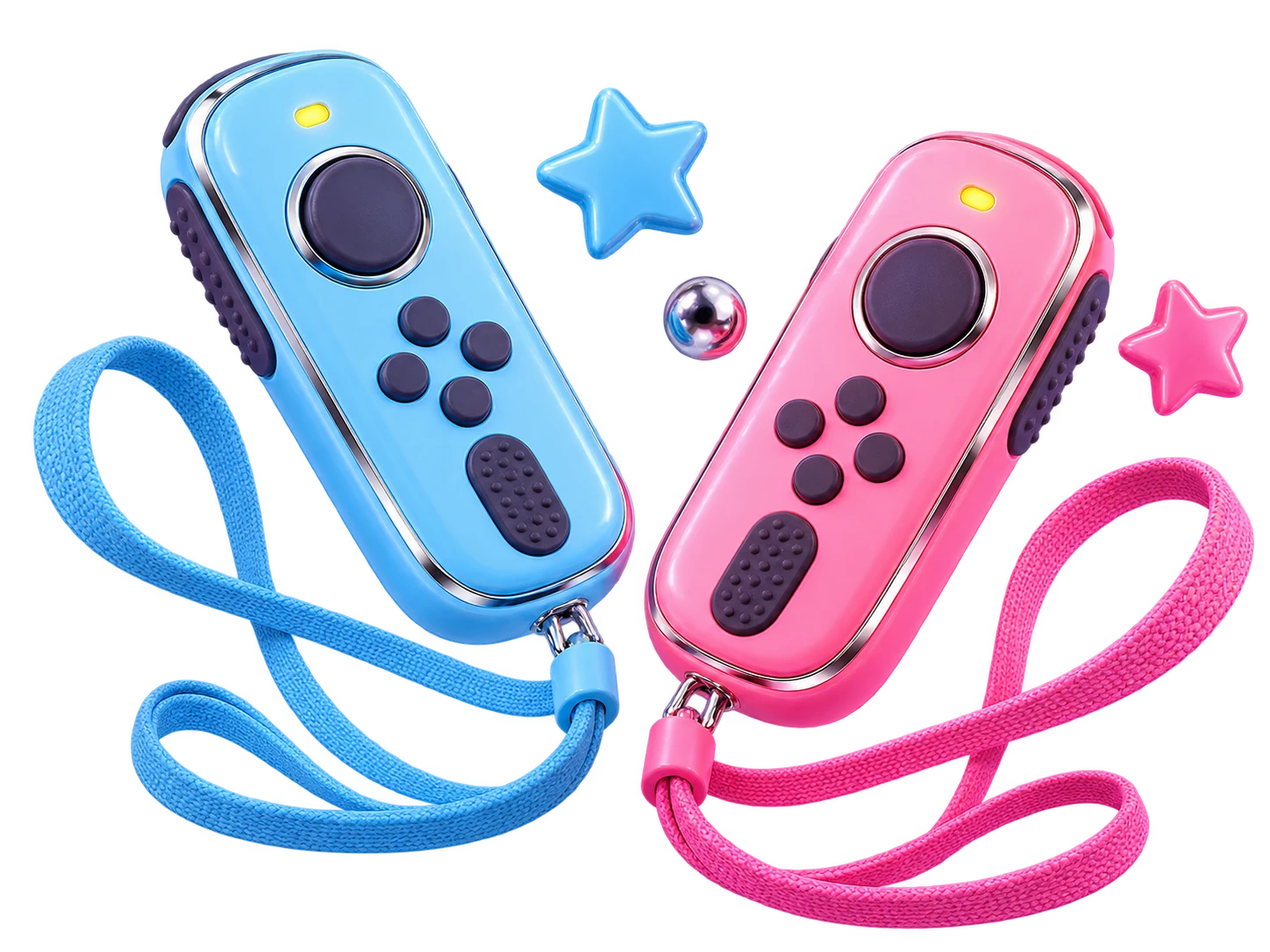 Glossy baby-blue and pink motion controllers with matching wrist straps