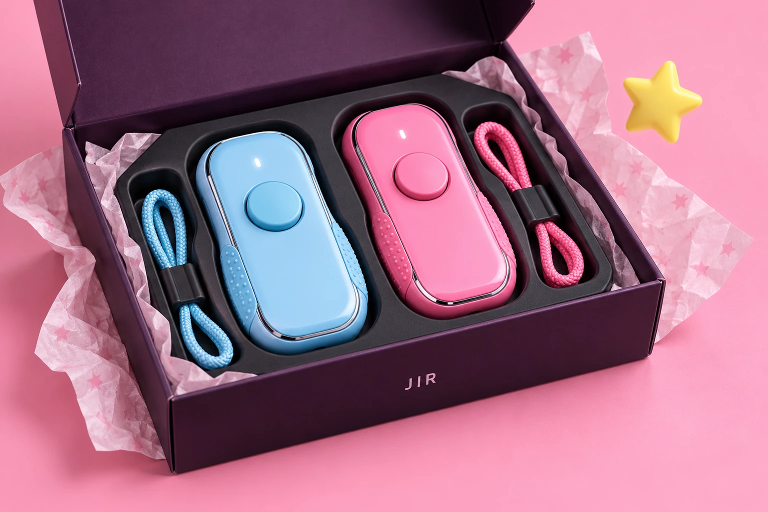 Blue and pink motion controllers packed together in a dark presentation box